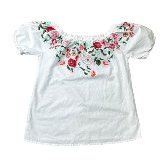 Umgee White Floral Vacation Top Wide Round Neck Elastic Pink Red Small - Picture 1 of 6